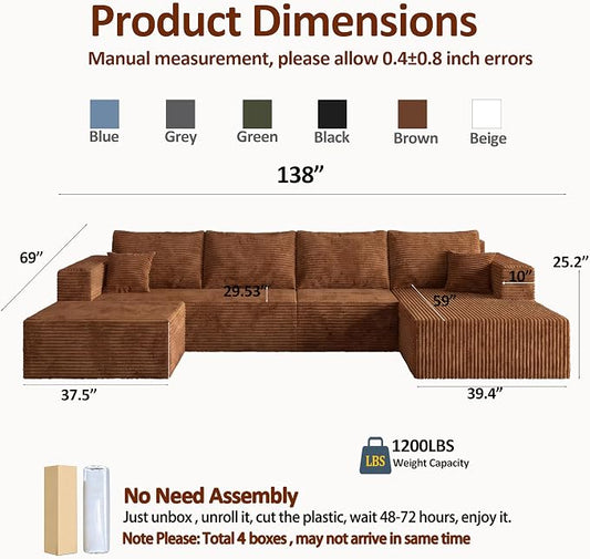 138" Modular Sectional Sofa, Modern U-Shaped Cloud Couch, Soft Corduroy Boneless Couch with 3060 High Rebound Memory Foam, Sectional Couches for Living Room,Green (Right Facing Chaise)