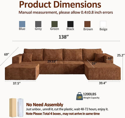 138" Modular Sectional Sofa, Modern U-Shaped Cloud Couch, Soft Corduroy Boneless Couch with 3060 High Rebound Memory Foam, Sectional Couches for Living Room - Beige (Right Facing Chaise)