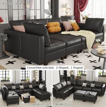 EASE MOOSE Faux Leather Sectional Couch with Storage,Black Sleeper Faux Leather Modualr Sofa Couch