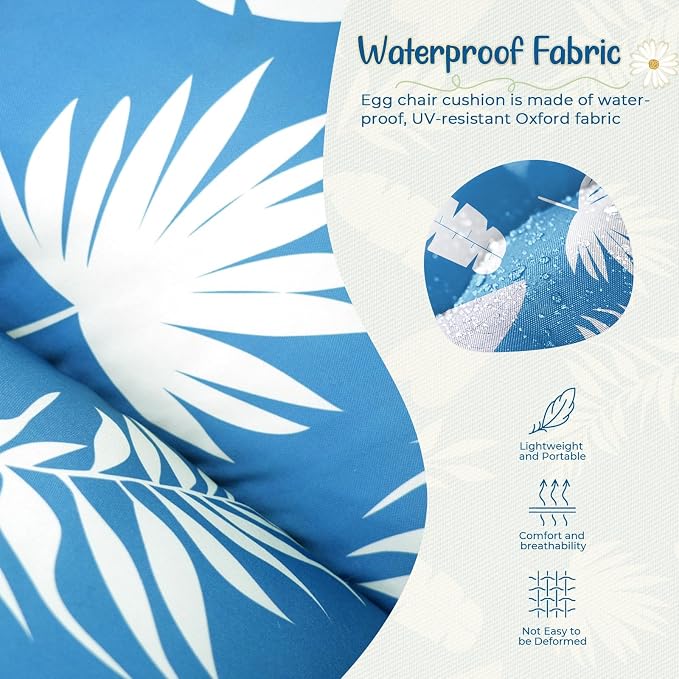 Double Egg Chair Cushion Replacement Waterproof for Outdoor Patio Hanging Basket Large Egg Chairs, 59x43-Inch Thickened 100% Cotton Double Eggs Swing Chair Cushions, Blue Leaf
