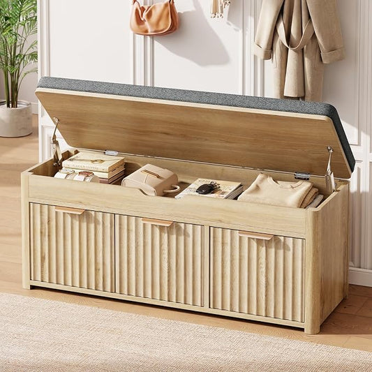 Shoe Bench with Storage - Lift Top Entryway Bench with Hidden Storage, Shoe Rack with Adjustable Shelves and Cushioned Seat, Wooden End of Bed Bench for Bedroom, Living Room and Hallway,Nature