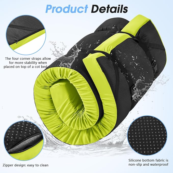 CYMULA 3 Inch Memory Foam Camping Pad, Camping Essentials Roll Up Floor Mat for Car Camping, Cot, Tent, Truck, Travel and Guest Use, Non-Slip Waterproof Bottom, Removable Cover