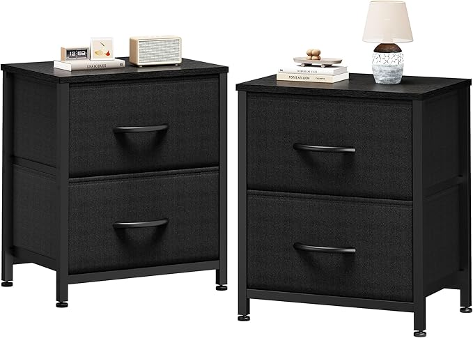 Sweetcrispy Nightstand Set of 2 with 2 Storage Drawers, Small Bedside Table | 20" Height Furniture End Table, Wooden Top Fabric Cabinet for Bedroom, Closet, Entryway, Black 2PC