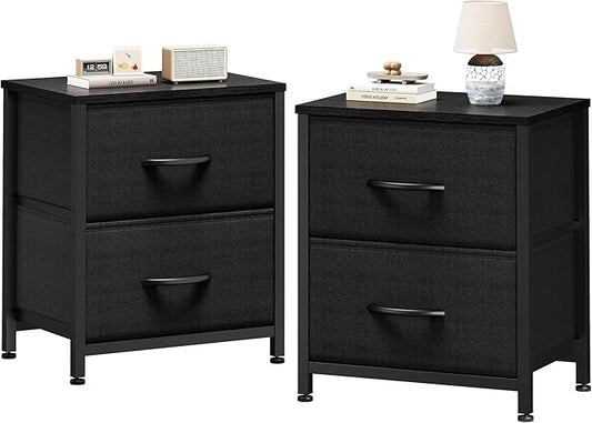 Sweetcrispy Nightstand Set of 2 with 2 Storage Drawers, Small Bedside Table | 20" Height Furniture End Table, Wooden Top Fabric Cabinet for Bedroom, Closet, Entryway, Black 2PC