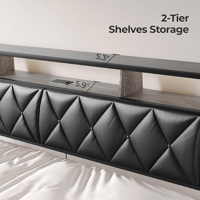 King Headboard Only, Headboard for King Size Bed with Storage, Upholstered Headboards with LED Lights & Charging Station, Attach Frame, Ideal for Bedroom/Dorm/Guest Room, Black, Faux Leather
