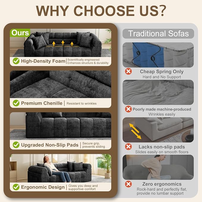 Modular Sectional Sofa Cloud Couch, Boneless Sleeper Bed for Living Room with No Assembly, Deep Seat & Pillows, Loveseat Configurations with Ergo Support & Storage Pocket, Grey
