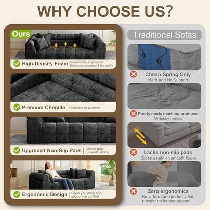 Modular Sectional Sofa Cloud Couch, Boneless Sleeper Bed for Living Room with No Assembly, Deep Seat & Pillows, Loveseat Configurations with Ergo Support & Storage Pocket, Grey
