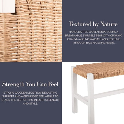 Alaterre Furniture Newport 40 Inch Solid Wood Entryway Bench - Modern Farmhouse Indoor Decorative Bench with Handcrafted Woven Rope Seat - Furniture for Entryway, Dining Room, or Kitchen (White)
