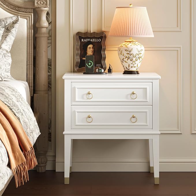 Huuger 27.6 Inch Tall Nightstand with Charging Station, USB-C Port, Larger Night Stand Set of 2, Bedside Table with 2 Drawers, 11.4 Inch Raised Legs, Side Tables End Tables, for Bedroom, White