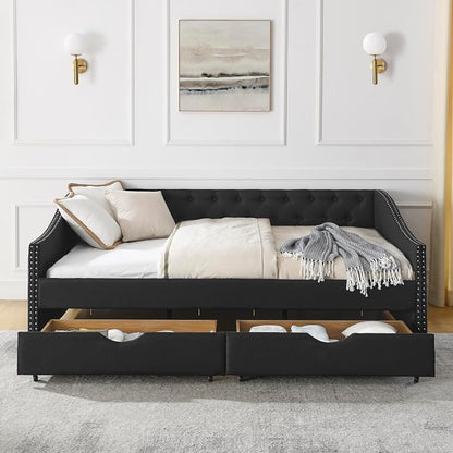 KEIKI Full Size Upholstery Daybed with 2 Drawers and Headboard, Mid-Century Style Tufted Sofa Bed with Button on Back, Easy Assembly, No Box Spring Required, for Living Room and Bedroom, Black
