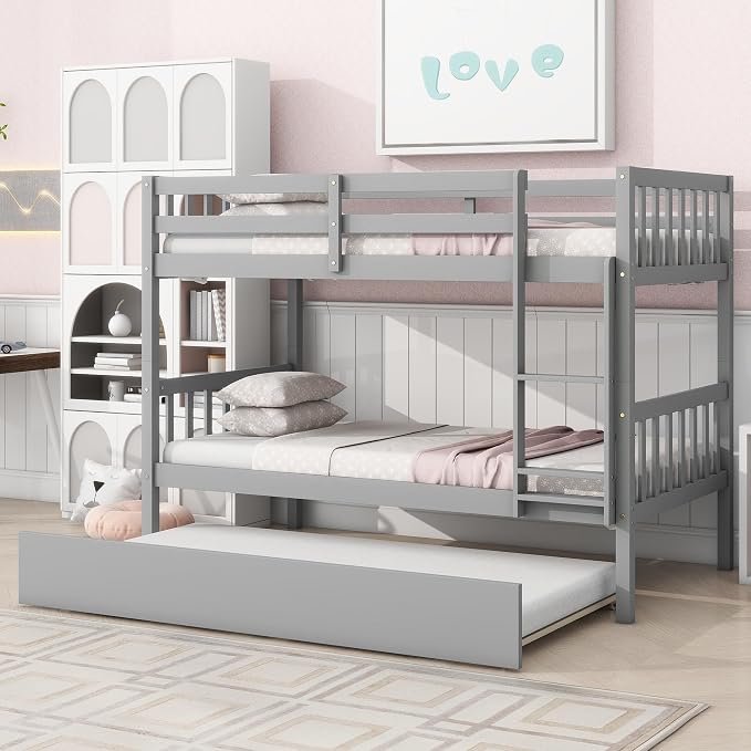 Merax Twin-Over-Twin Bunk Bed with Movable Trundle, Solid Wood Detachable Bunk Bed with Safety Guardrial and Ladder, Can be Converted Into 3 Separate Beds,Grey