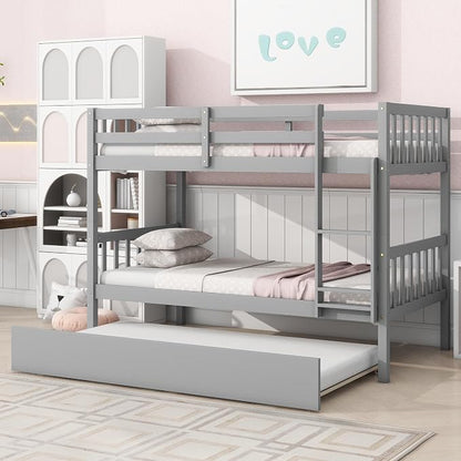 Merax Twin-Over-Twin Bunk Bed with Movable Trundle, Solid Wood Detachable Bunk Bed with Safety Guardrial and Ladder, Can be Converted Into 3 Separate Beds,Grey