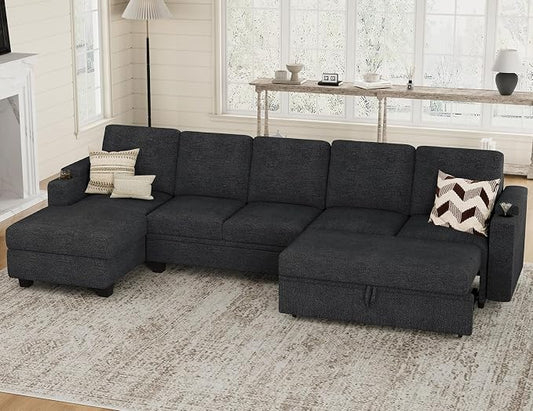 Belffin Modular Sectional Sleeper Sofa Bed with Storage Chaise L Shaped Sectional Couches for Living Room Armrest with Cup Holder. Dark Grey Couch