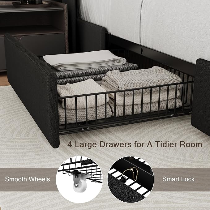 Einhomn Full Size Bed Frame with 4 Storage Drawers and Charging Station, Upholstered Platform Bed Frame with Storage Headboard, No Box Spring Needed, Easy Assembly, Black