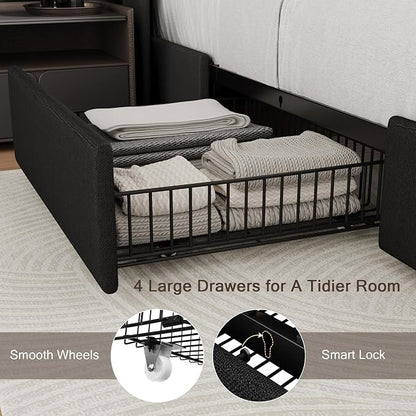 Einhomn Full Size Bed Frame with 4 Storage Drawers and Charging Station, Upholstered Platform Bed Frame with Storage Headboard, No Box Spring Needed, Easy Assembly, Black