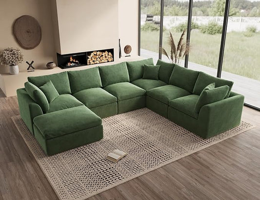 ohllob Oversized Cloud Couches for Living Room, Boneless Sectional Couch with Ottoman, 7 Seater Large Modular Sectional Sofa, Green