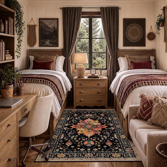 RELEANY Area Rugs 3'x5' Washable Non-Slip, Floral Vintage Distress Medallion Carpet for Living Room Bedroom Dining Room, Black Colorful Floral Dark Tan
