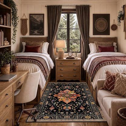 RELEANY Area Rugs 3'x5' Washable Non-Slip, Floral Vintage Distress Medallion Carpet for Living Room Bedroom Dining Room, Black Colorful Floral Dark Tan