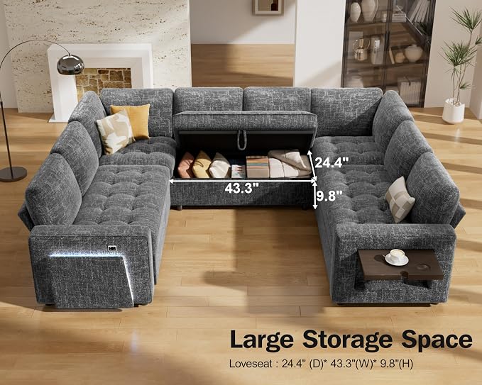Vipbear 8 Seat U Shaped Modular Sectional Sleeper Sofa with Pull Out Bed/Reclining Backrest/USB Ports/Table/LED Light/Storage Seat, Sectional Sleeper Couch, Tool-Free Assembly, Chenille Dark Grey