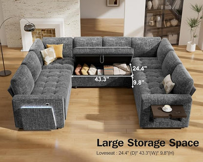 Vipbear 8 Seat U Shaped Modular Sectional Sleeper Sofa with Pull Out Bed/Reclining Backrest/USB Ports/Table/LED Light/Storage Seat, Sectional Sleeper Couch, Tool-Free Assembly, Chenille Dark Grey