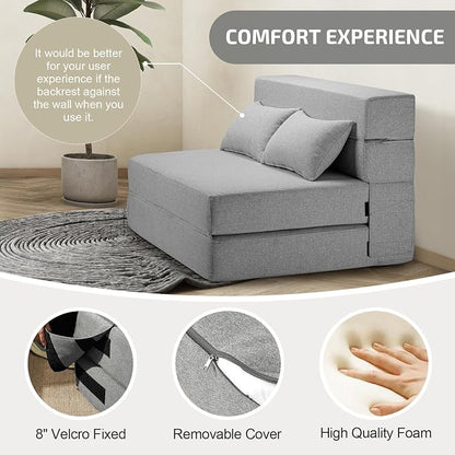 SUYOLS Folding Sofa Bed with Pillows- Convertible Chair Floor Couch & Sleeping Mattress, Foldable Memory Foam Sleeper for Living Room/Dorm/Guest Room/Home Office/Apartment/Loft, Twin, Light Gray