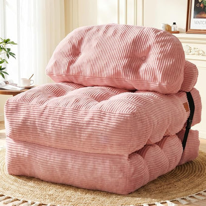 Folding Sofa Bed, Convertible Sleeper Chair with Back Support and Pillow Futon,Boneless Foldable Couch for Living Room/Guest Use/Home Office, Foldable Chair Bed for Adults, Pink