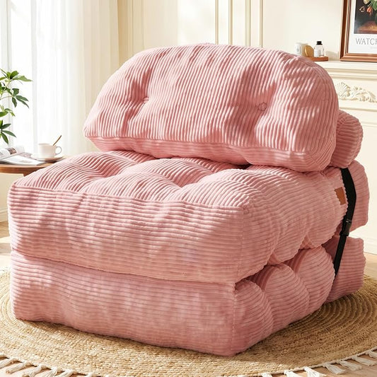 Folding Sofa Bed, Convertible Sleeper Chair with Back Support and Pillow Futon,Boneless Foldable Couch for Living Room/Guest Use/Home Office, Foldable Chair Bed for Adults, Pink