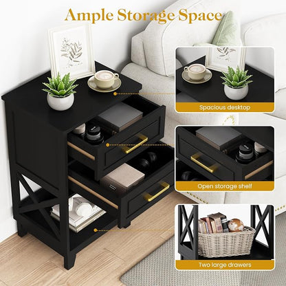 May in Color Nightstand Set of 2, 30" Tall Side Table with 2 Drawers and Open Shelf, Bedside Table with Solid Feet, Modern End Table for Bedroom, Home Office, Black