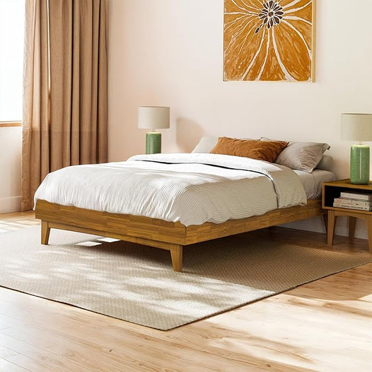 Bme Catherine Queen Platform Bed Frame, Modern Bed Frame Without Headboard, Wooden Low Profile Bed Frame, Acacia Wood Platform Bed Frame, No Box Spring Needed, Supports up to 800lbs - Teak Brown