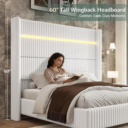 Jocisland Cal King Bed Frame Faux-Fur Upholstered 60" Tall Headboard, White | Wingback Headboard, LED lights, USB Charging, Noise-free, No box spring needed, easy assembly, for Tall People