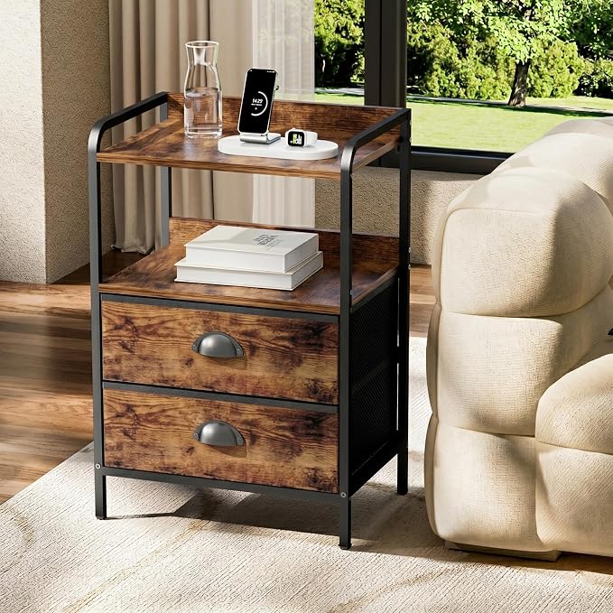 Night Stand, End Table with 2 Drawers Nightstand for Bedroom, Small Fabric Dresser Organizer, Bedisde Table Side Table with Open Storage Shelf, Rustic Brown