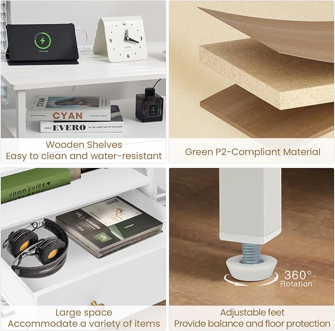 Edbuosy 27 Inch Wide Night Stand with Charging Station, Wood Nightstand with Open Shelf, Large Drawer Bedside Table for Living Room/Bedroom/Office, White