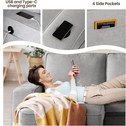 99" Convertible Sleeper Sofa Bed,L Shaped with Storage Chaise Pull Out Couch for Living Room,USB and Type-C,Removable Washable Chenille Covers (Gray)