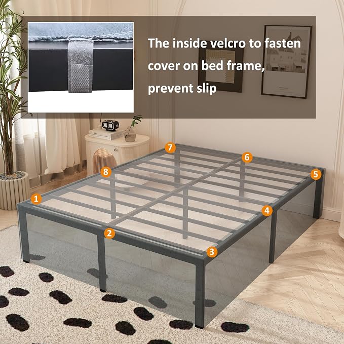 Maenizi Queen Bed Frame with Fabric Cover 18 Inch, Heavy Duty Metal Bed Frame Queen Size, No Box Spring Needed, Support Up to 3000 lbs, Easy Assembly, Noise Free, Black