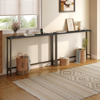 HOOBRO 47.2" Narrow Console Table with Power Outlet, 5.9" Behind Couch Table with Charging Station, Long Sofa Side Table, Skinny Entryway Table for Living Room, Hallway, Foyer, Black BB15XG01G1