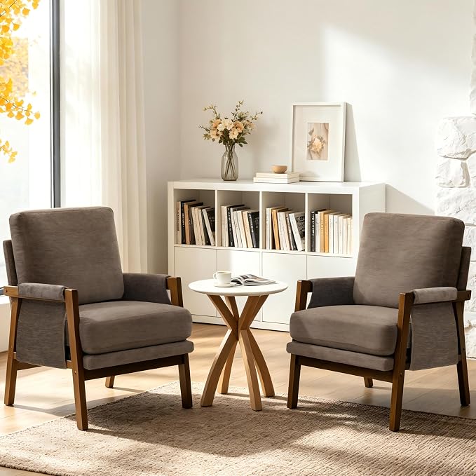 RNKSFX Dark Brown Accent Chairs for Living Room Set of 2, Modern Arm Chairs for Bedroom, Wooden Upholstered Mid Century Accent Chairs, Fabric