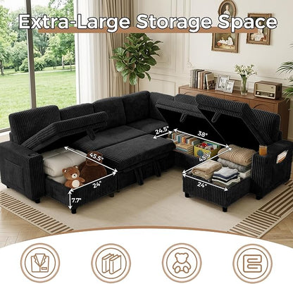 Modular Sectional Sleeper Sofa with Pull Out Bed, Plush Corduroy L Shaped Couch with Storage Chaise, USB Ports, Cup Holders, Comfy Cloud Couches for Living Room, Black