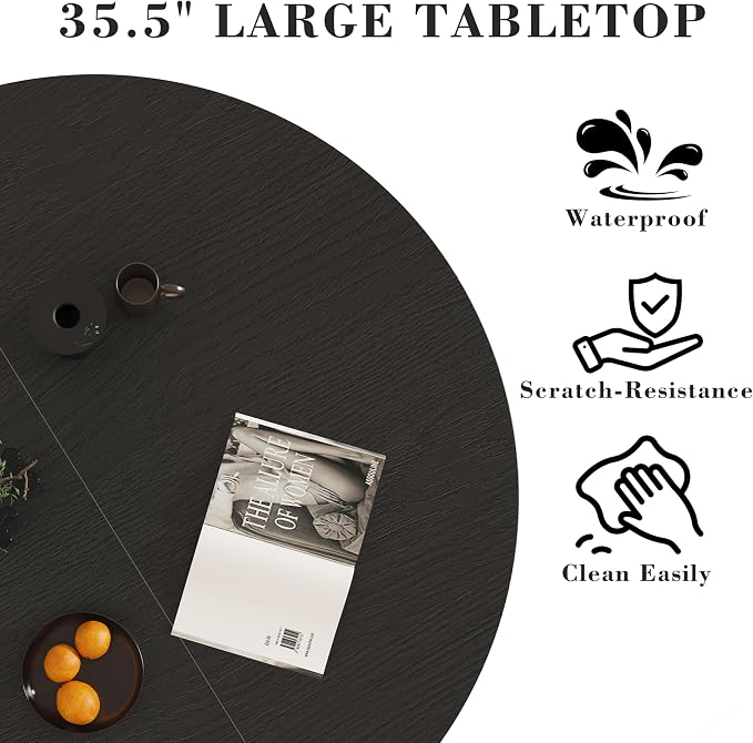 35.5'' Round Pedestal Dining Table, 2-4 Modern Fluted Dining Room Kitchen Table with Storage Shelf, Wood Base Dinner Tables for Kitchen, Breakfast Nook, Small Space, Living Room(Black)