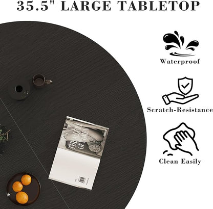 35.5'' Round Pedestal Dining Table, 2-4 Modern Fluted Dining Room Kitchen Table with Storage Shelf, Wood Base Dinner Tables for Kitchen, Breakfast Nook, Small Space, Living Room(Black)
