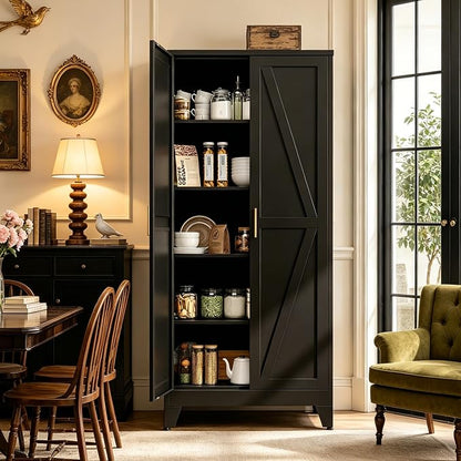 71" H Black Metal Storage Cabinets,Garage Storage Cabinet,Tall Pantry Cabinet with Doors,Kitchen Food Storage Cabinet,Farmhouse Storage Cabinets for Kitchen, Dining Room