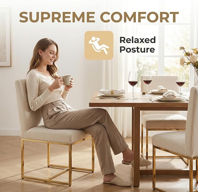 HNY Modern Dining Chairs Set of 6, Upholstered Linen Dining Room Chairs with Ergonomic Back & Polished Gold Metal Frame for Home, Kitchen, Apartment, Cream