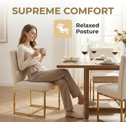 HNY Modern Dining Chairs Set of 6, Upholstered Linen Dining Room Chairs with Ergonomic Back & Polished Gold Metal Frame for Home, Kitchen, Apartment, Cream