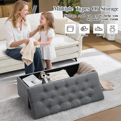 43" Ottoman with Storage and Sturdy Metal Frame, Tufted Upholstered Storage Bench, Modern Footboard Hideaway Chest with Removable Lid and Footrest for Living Room, Entryway (Dark Gray)