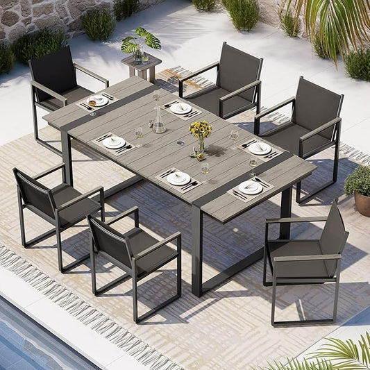 Outdoor Dining Set, HDPS + Aluminum Patio Table and Chairs Set with U-Shaped Base, 7 Piece Outdoor Furniture Set with Umbrella Hole, Patio Dining Table Set for Garden, Backyard (Gray)