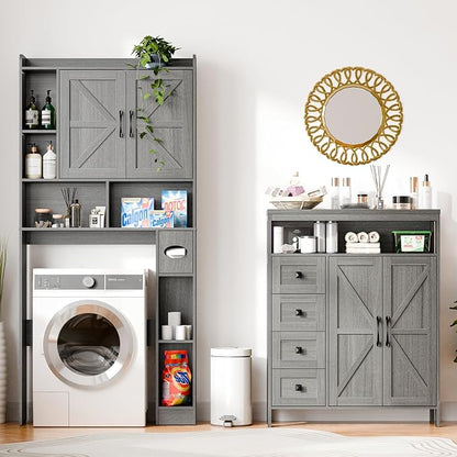 Vabches Farmhouse Storage Cabinet with 2 Doors and 4 Drawers, Freestanding Bathroom Compartment, Kitchen Pantry Cabinet, Floor Cupboard for Kitchen/Living Room/Bathroom （Wash Grey）