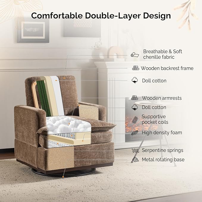 VINGLI 360° Swivel Accent Chair with Double-Layer Seat Cushions, Modern Swivel Armchair, Upholstered Square Club Chair for Living Room, Bedroom, Reading Room, Chenille Khaki