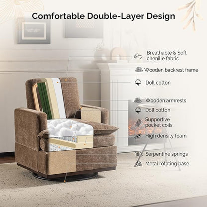 VINGLI 360° Swivel Accent Chairs Set of 2 with Double-Layer Seat Cushions, Comfy Single Square Sofa Armchairs, Upholstered Club Chairs for Living Room,Bedroom, Reading Room, Chenille Khaki