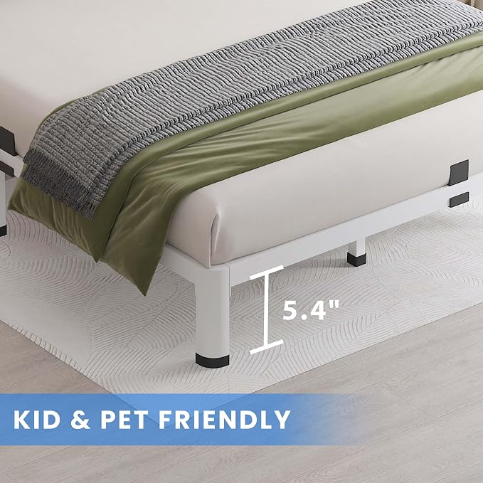 MAF 7 Inch Full Size Metal Platform Bed Frame White with Round Corner Legs, Mattress Slide Stopper, 3000 LBS Heavy Duty Steel Slats Support, Noise Free, No Box Spring Needed, Easy Assembly