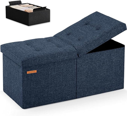 HAUSFRAU 31.5 Inches Ottoman with Storage Bench, Folding Ottoman Bench Small Foot Rest Stool, Bedroom Bench with Flipping Lid, Linen Navy Blue