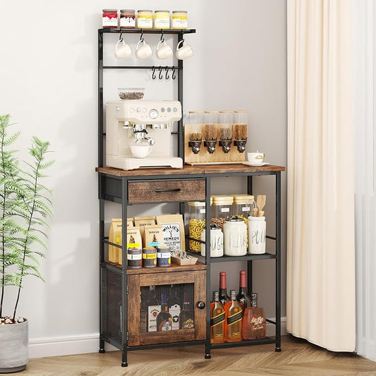 SWTYMIKI Coffee Bar with Hanging Rack - Farmhouse Coffee Stand Station Multi-Purpose Buffet Sideboard Cabinet with Drawers - Kitchen Bar Table for Living Room, Corner, Small Space, Espresso